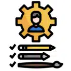 A person stands in the center of a gearwheel, surrounded by a pencil, pen, and various creative tools.