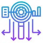 Blue and purple icon featuring a gear and arrow, symbolizing progress and mechanical efficiency.