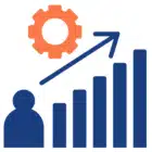 A person stands beside a graph displaying an upward-pointing arrow, indicating growth or progress.