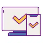  A computer and smartphone displaying a prominent check mark, symbolizing completion or approval.