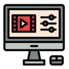  Icon representing video editing software, featuring a film reel and editing tools in a sleek design.