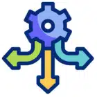  A gear wheel surrounded by arrows, symbolizing movement and direction in a mechanical context. 