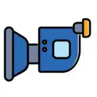 A vibrant blue and yellow camera icon, symbolizing photography and creativity in a playful design.